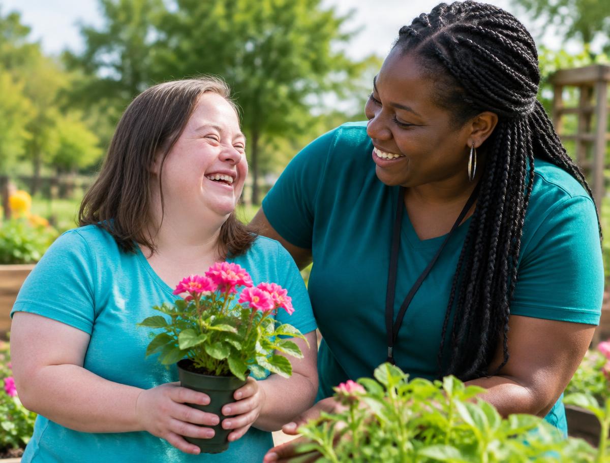 A support professional and adult participant working together during a community activity