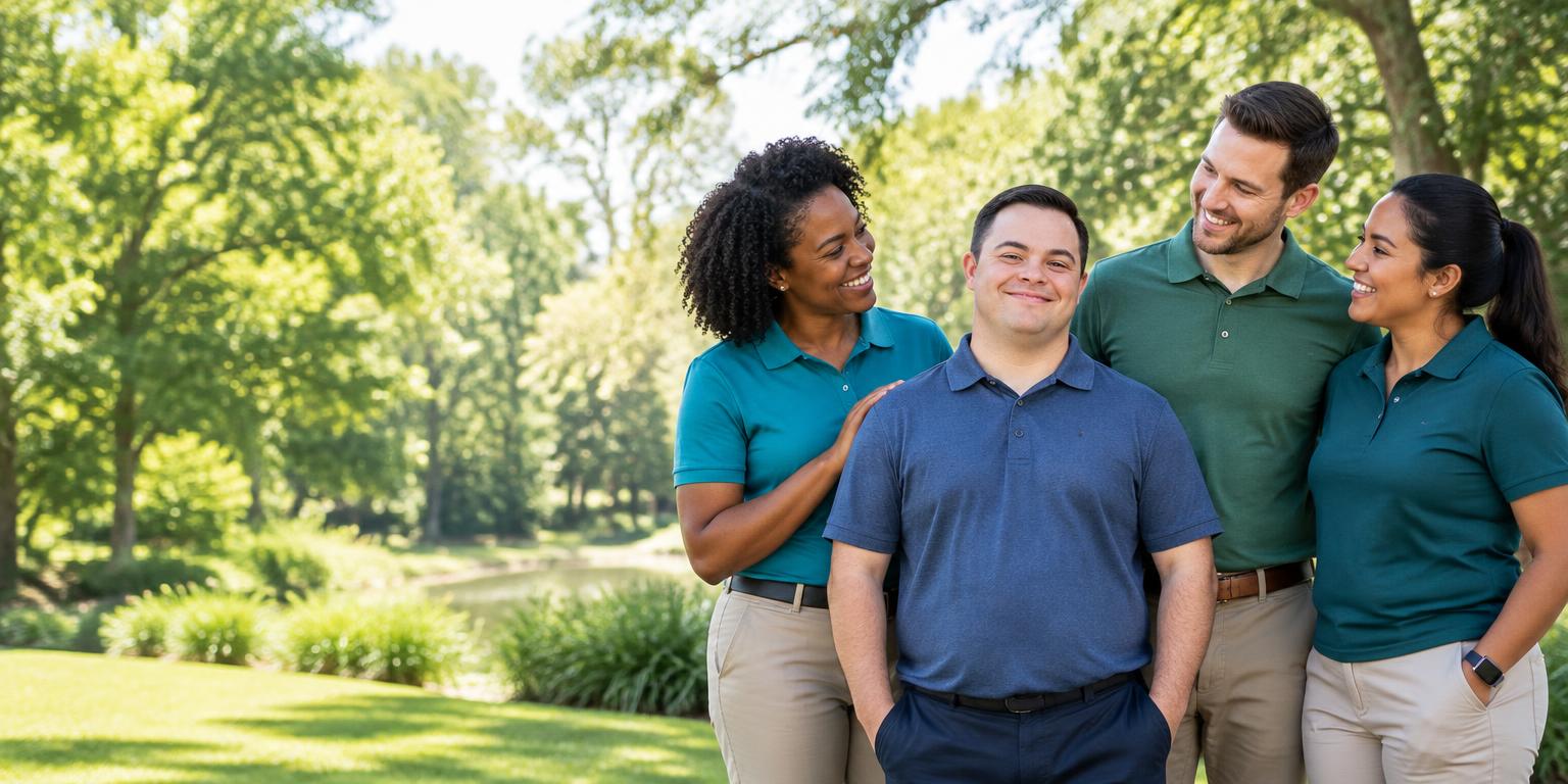 An adult with Down syndrome with a polished, diverse support team outdoors