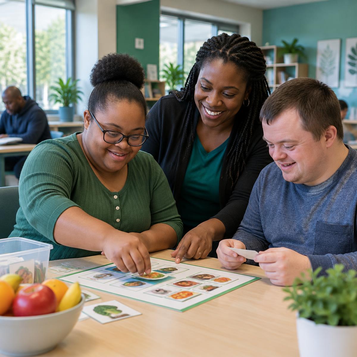 Adults participating in a supported learning activity with a professional support team member