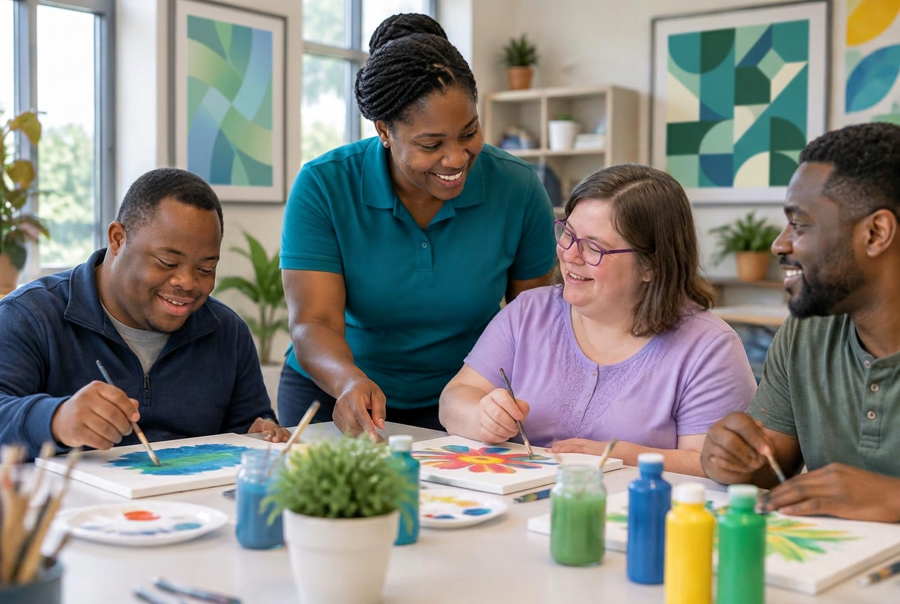 A professional MackLander support worker guiding adults in a structured creative activity